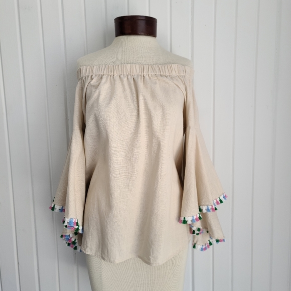 Women's Medium Off the Shoulder Multi ColorTassel Casual Linen Blend Top - Picture 1 of 7